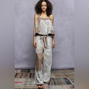 POL Patchwork Brown Tan Pant Top Set